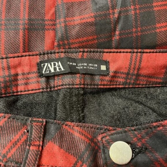 ZARA Red & Black Tartan Button Fly Mid-Rise Skinny Jeans – Size 6 – NWOT - Picture 9 of 9